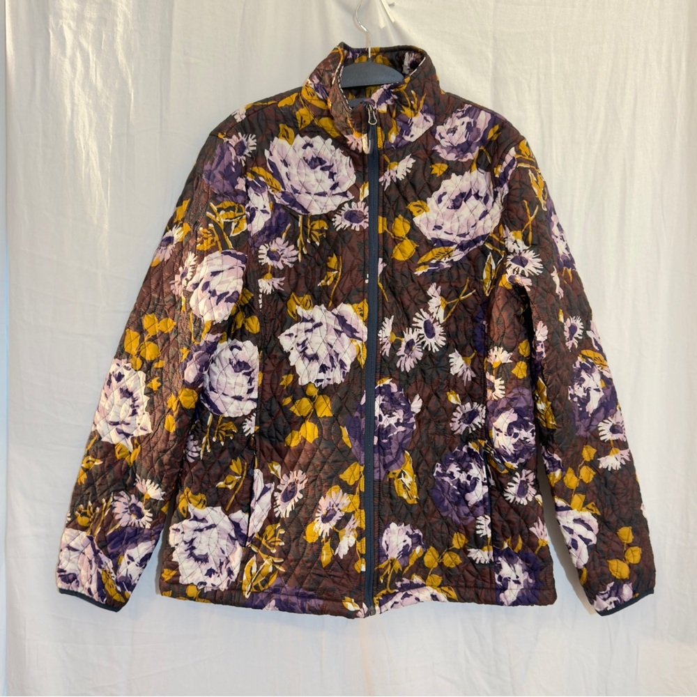 Lands’ End Quilted Floral Jacket L/T 14-16 Purple Yellow Lightweight Zip Up Coat